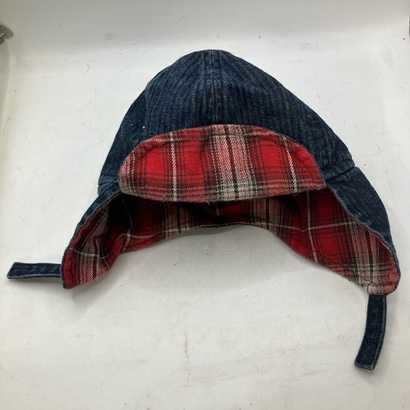 Baby GAP BRAHMA Hat Up To 6 Months Denim Red Plaid Aviator Cap Ear Flaps Cozy - Picture 1 of 4